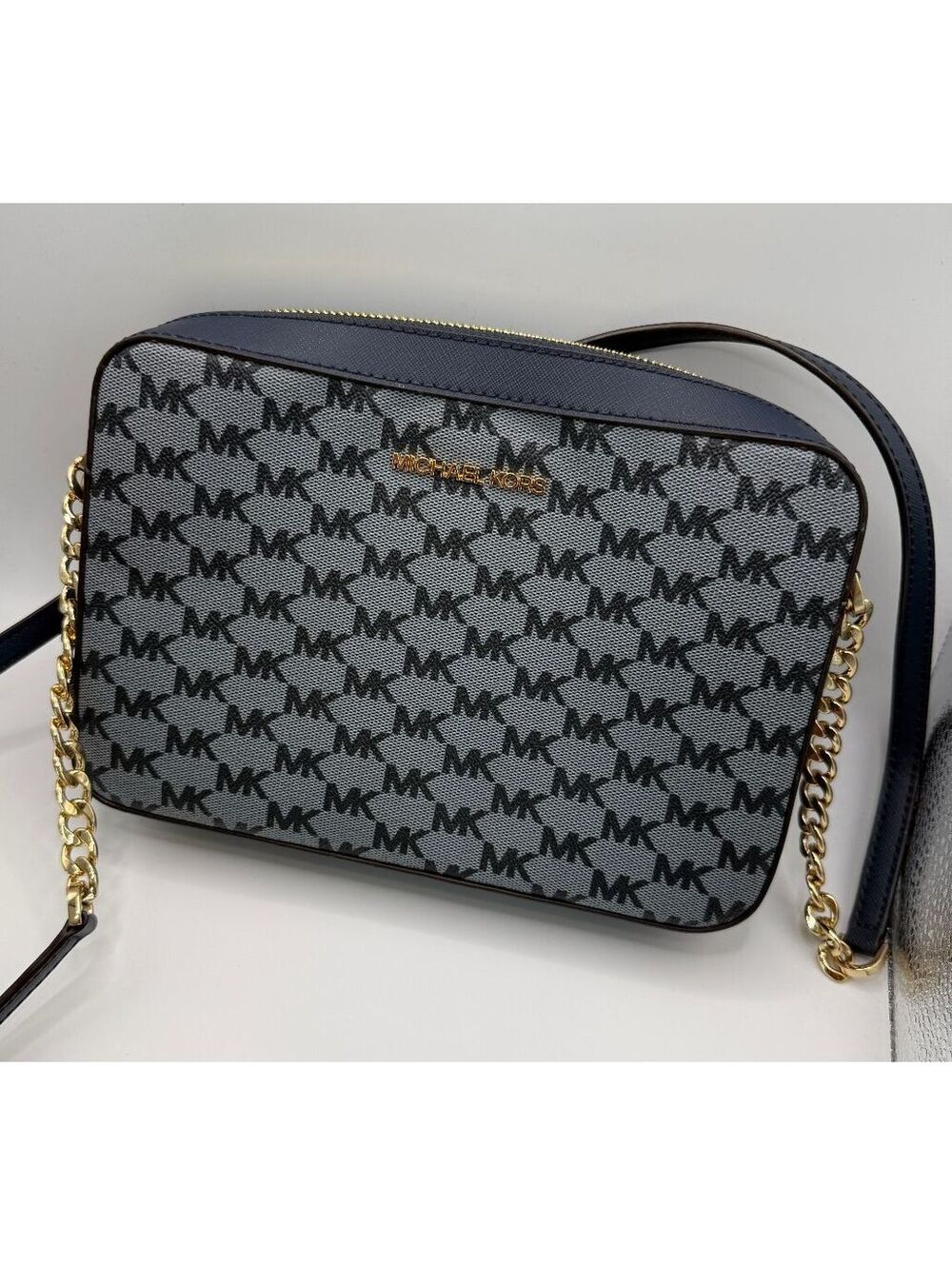Michael Kors Jet Set East West Cross Body Bag With Signature Logo In Blue & Gold